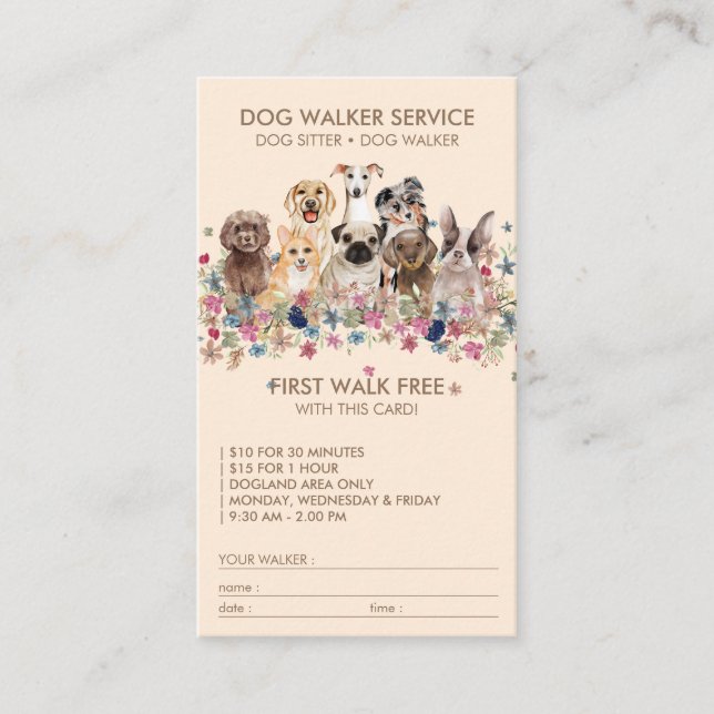 Beige Dog Walker Service Free gift name Business Card (Front)