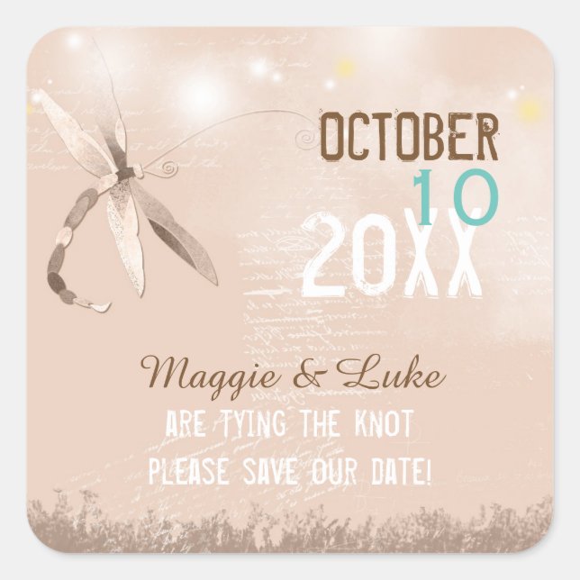 Beige Dragonfly Wedding Save the Date Square Sticker (Front)