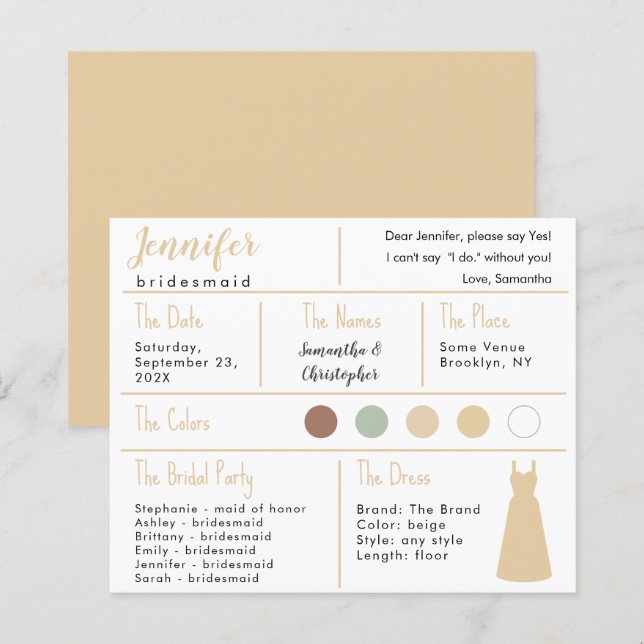 Beige Dress Color Bridesmaid Information Card (Front/Back)