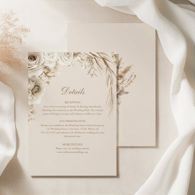 Beige Dried Flowers Wedding Details Card (Beige Dried Flower and White Rose Wedding Details Invitation on an elegant silky tablecloth)