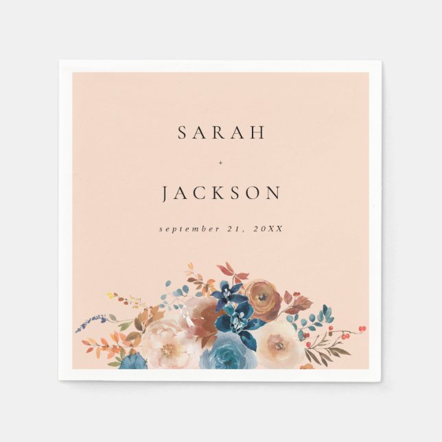 Beige & Dusty Blue Floral Name Napkins V2 - Beige (Front)