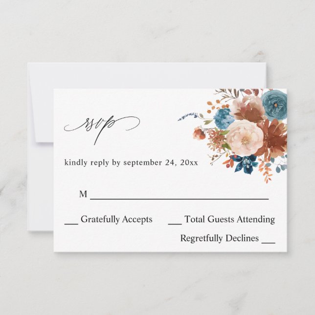 Beige & Dusty Blue Floral no Meal RSVP (Front)
