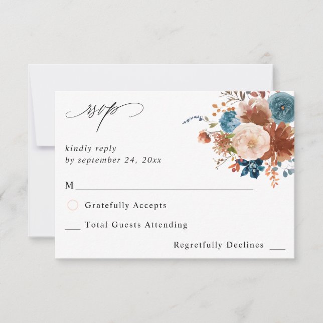 Beige & Dusty Blue Floral no Meal RSVP 2 Card (Front)