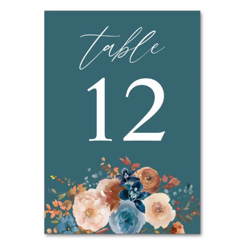 Beige  Dusty Blue Floral Table Number _ Teal