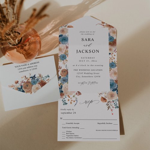 Beige  Dusty Blue Floral Wedding All In One Invitation