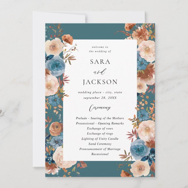 Beige & Dusty Blue Floral Wedding Program - Teal (Front)