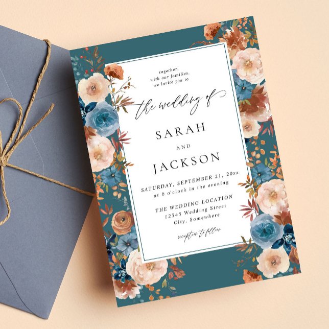 Beige & Dusty Blue Floral Wedding S2 - Teal Invitation (Creator Uploaded)