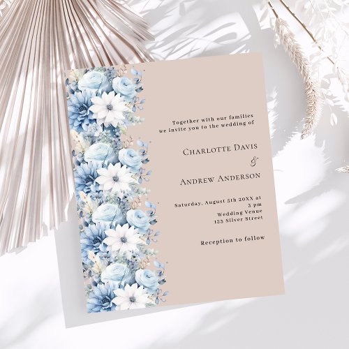 Beige dusty blue florals wedding invitation