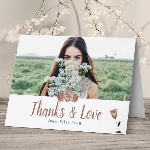 Beige Dusty Rose Botanical Photo Thank You Card