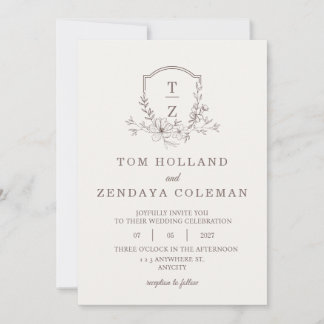 Beige Elegant Floral Monogram Wedding Invitation