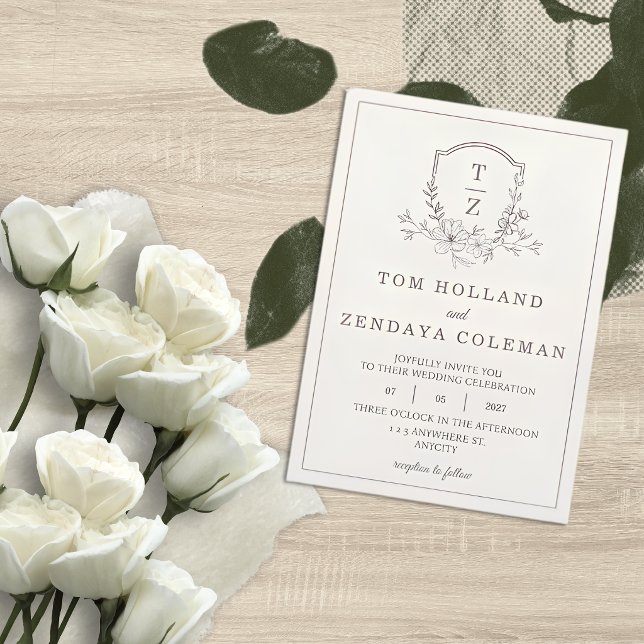 Beige Elegant Floral Monogram Wedding Invitation (Creator Uploaded)