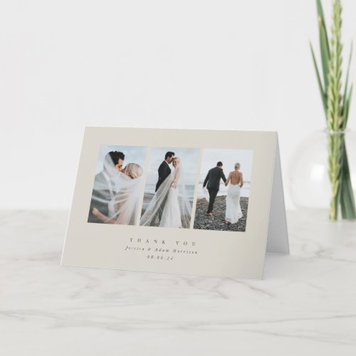 Beige Elegant Minimal Triple Photo Wedding Thank You Card