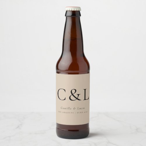 Beige Elegant Minimalist Wedding Monogram  Beer Bottle Label