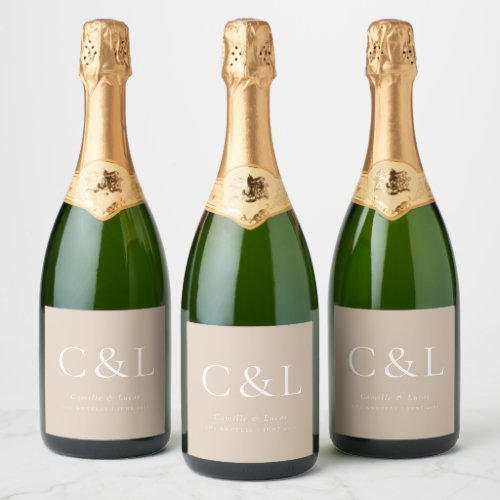 Beige Elegant Minimalist Wedding Monogram  Sparkling Wine Label