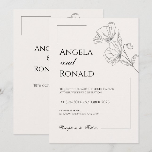 Beige Elegant Wedding Invitation Minimal Floral (Front/Back)