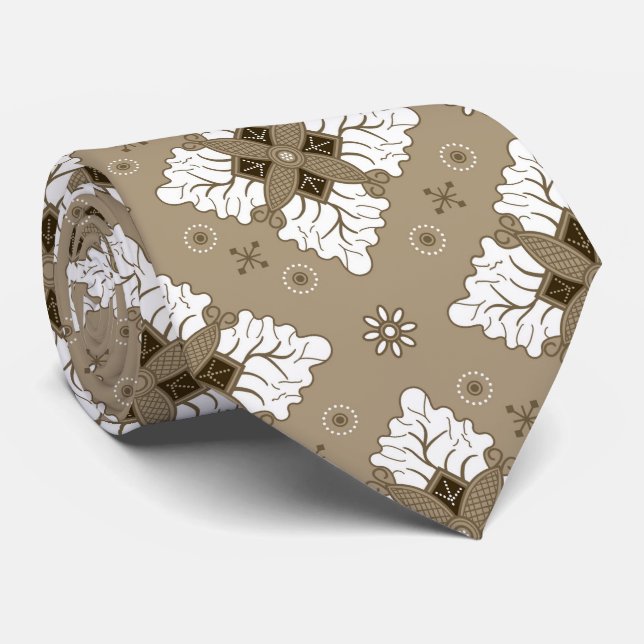 Beige ethnic damask batik seamless pattern neck tie (Rolled)