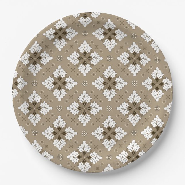 Beige ethnic damask batik seamless pattern paper plates (Front)