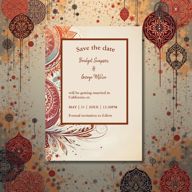 beige ethnic wedding safe the date card (Creator Uploaded)