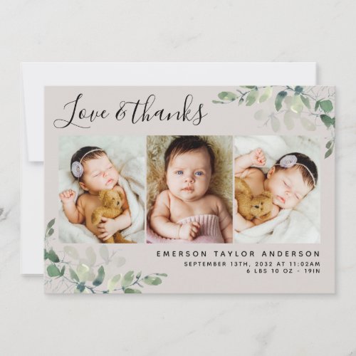 Beige Eucalyptus 3 Photo Baby Birth Stats  Thank You Card