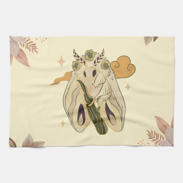 Beige Fae Moth, Mystical Graphic Artwork Kitchen Towel (Horizontal)