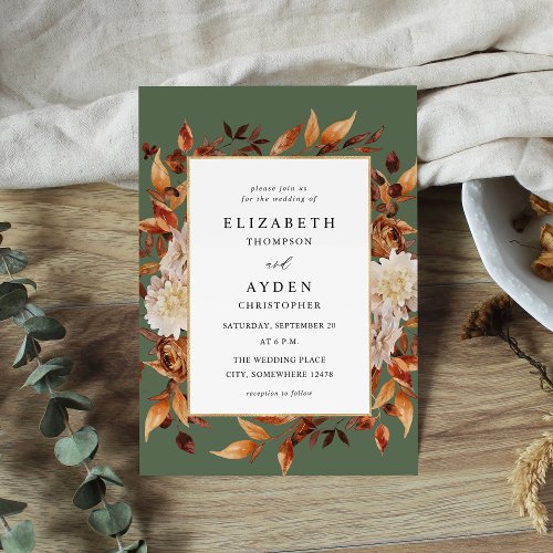 Beige Fall Floral 2 Wedding _ Green Invitation