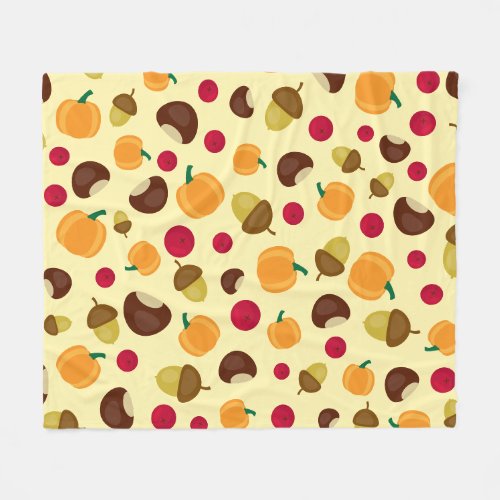 Beige Fall Pumpkin Berries Chestnut Pattern Fleece Blanket