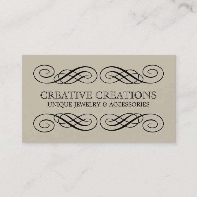 Beige Fancy Flourish Business Card (Front)