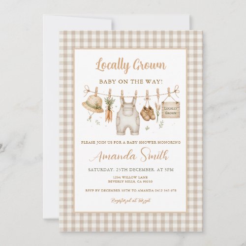 Beige Farm Gingham Locally grown Baby Shower Invitation
