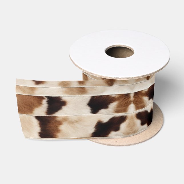 Beige Farmhouse Cow Print Cowboy Western Country  Satin Ribbon (Spool)