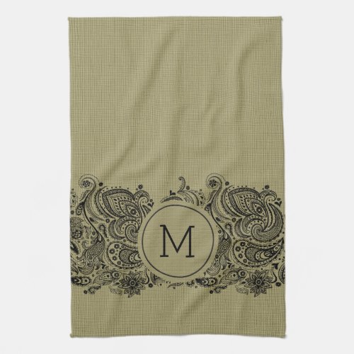 Beige Faux Linen  Black Paisley Lace Towel