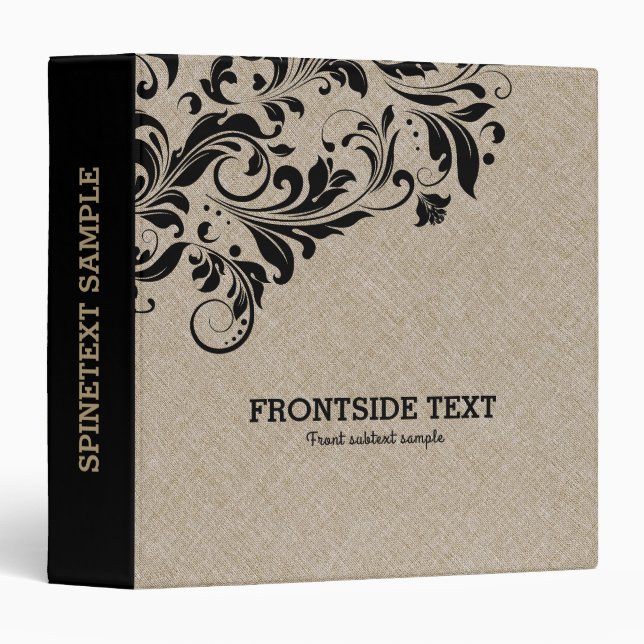 Beige faux linen black swirls 3 ring binder (Front/Spine)