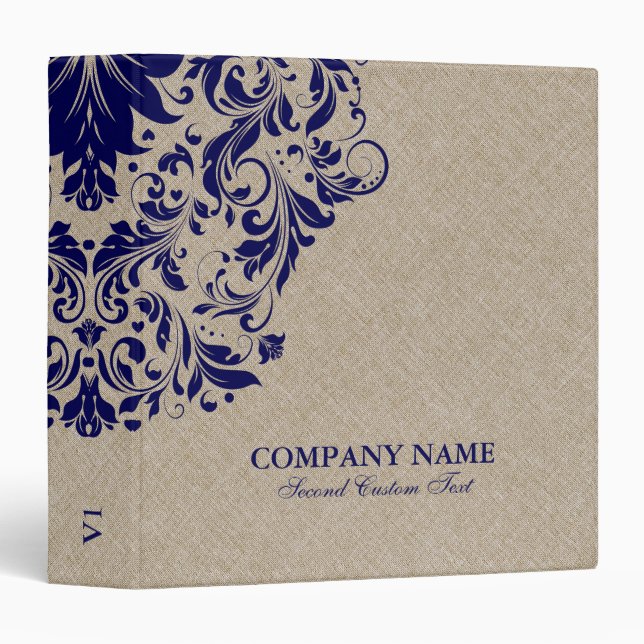 Beige Faux Linen Burlap Blue Floral Swirls 3 Ring Binder (Front/Spine)