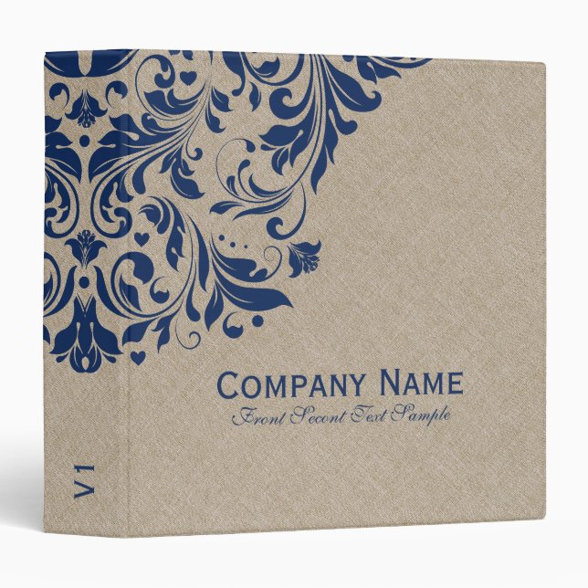 Beige Faux Linen Burlap Navy Blue Floral Swirls 3 Ring Binder (Front/Spine)