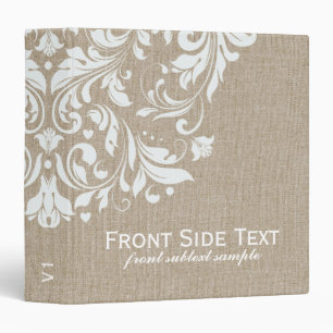 Beige Faux Linen Burlap White Floral Swirls Binder