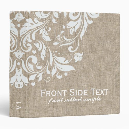 Beige Faux Linen Burlap White Floral Swirls Binder