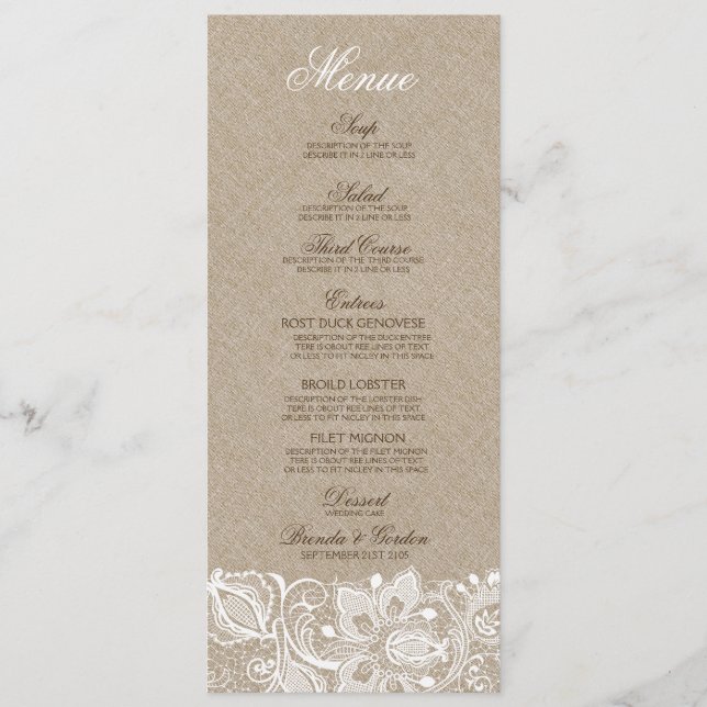 Beige Faux Linen Burlap & White Lace Wedding Menu (Front)