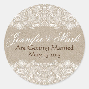 Beige Faux Linen Burlap & White Paisley Lace Classic Round Sticker