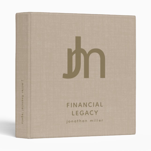 Beige Faux Linen Print Monogram Legacy Binder (Front/Spine)