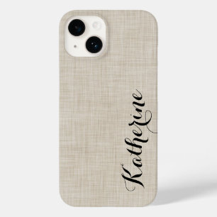 Beige Faux Linen Texture Custom Monogram Case-Mate iPhone 14 Case