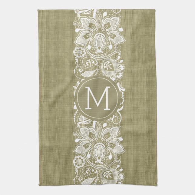 Beige Faux Linen & White Floral Lace Towel (Vertical)