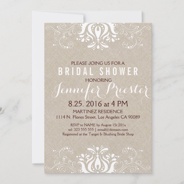 Beige Faux Linen White Lace Bridal Shower Invite (Front)