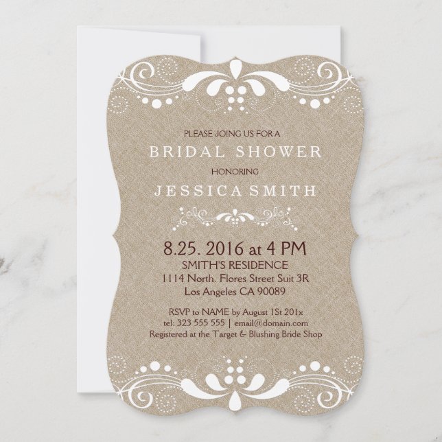 Beige Faux Linen White Swirls Bridal Shower Invite (Front)