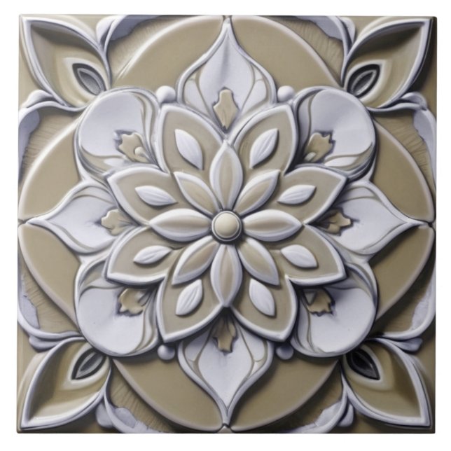 Beige Faux Relief Symmetrical Floral Flower Ceramic Tile (Front)