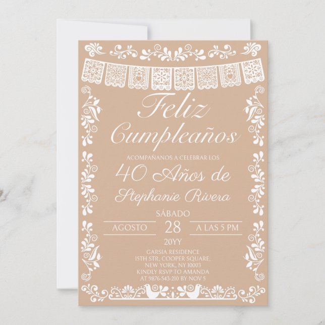 Beige Feliz Cumpleaños 40th Birthday Invitation (Front)