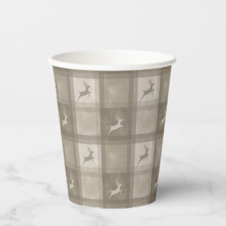 Beige Festive Plaid With Reindeer Christmas Paper Cups