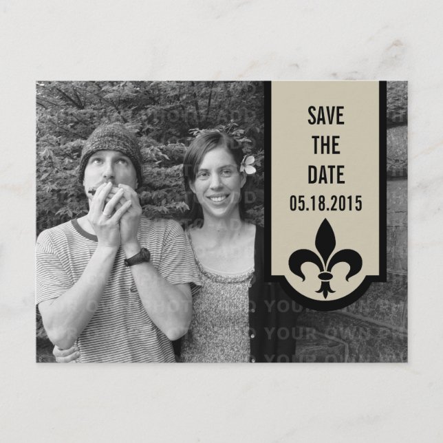 Beige Fleur De Lis Banner Save the Date Postcard (Front)