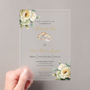 Beige flor blanca Boda de oro editable Acrylic Invitations
