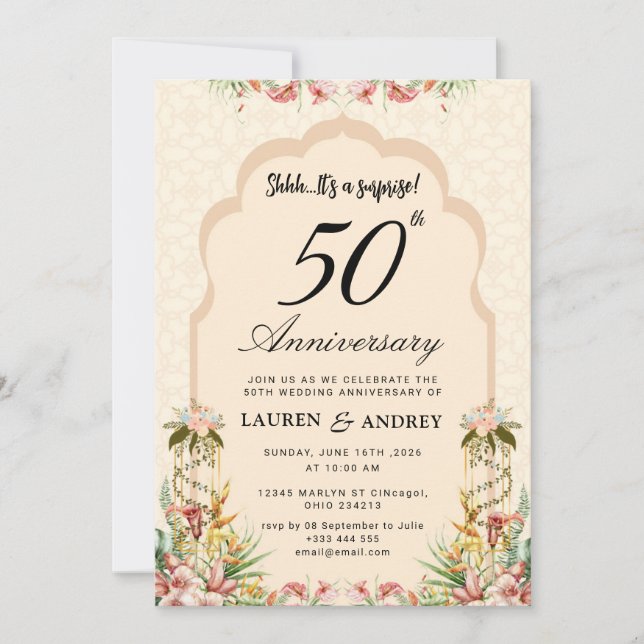 Beige Floral 50th Wedding Anniversary Invitation (Front)