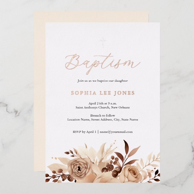 Beige Floral Boho Watercolor Baptism Foil Foil Invitation (Front/Back)
