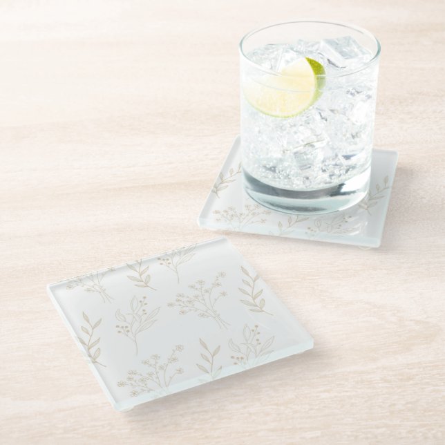 Beige Floral Boho Wedding Glass Coaster (Angled)